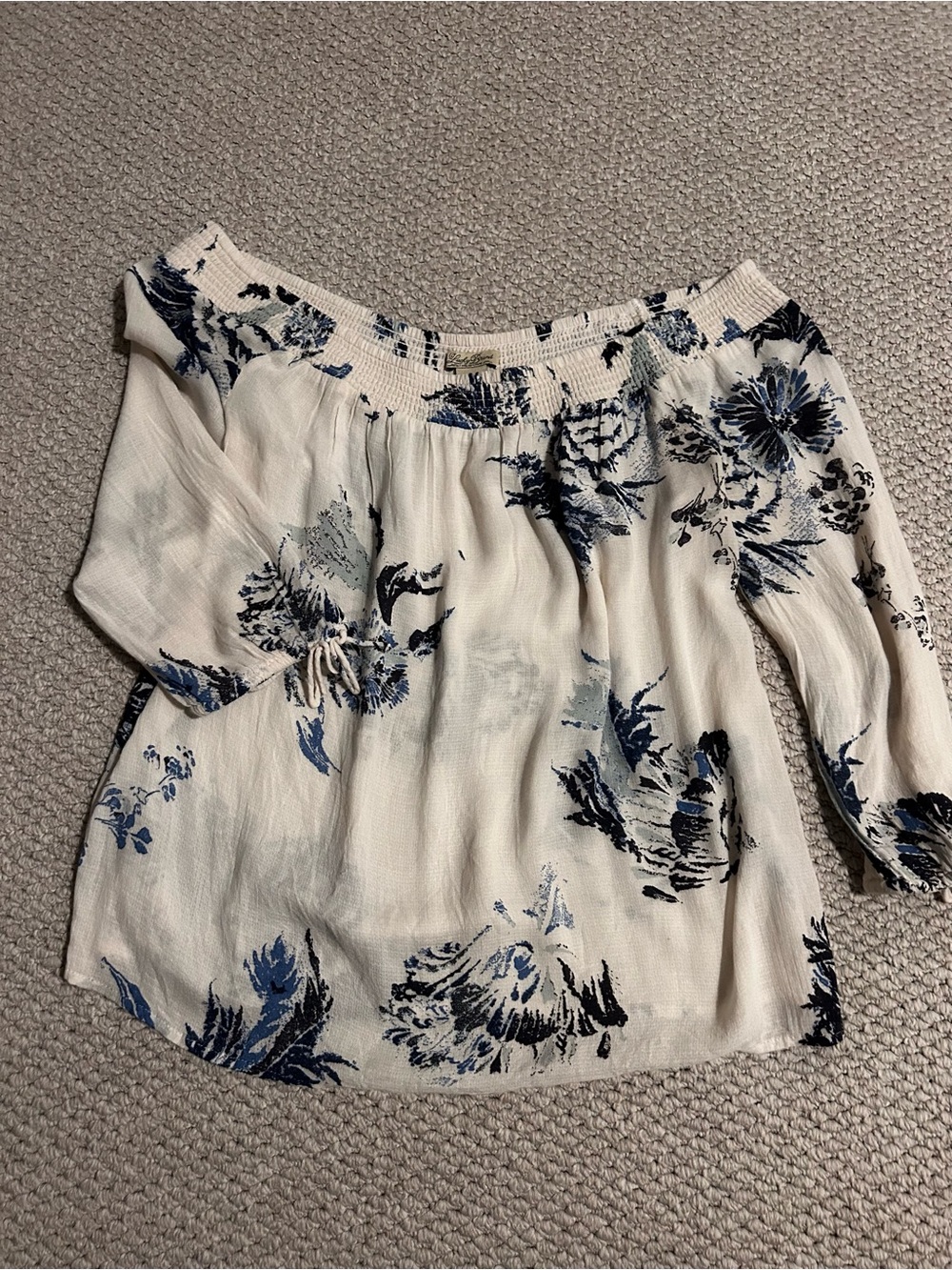Off-Shoulder Cream and Navy Floral blouse